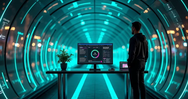 Desenvolvedor observa site em um túnel de luz simbolizando velocidade e estabilidade