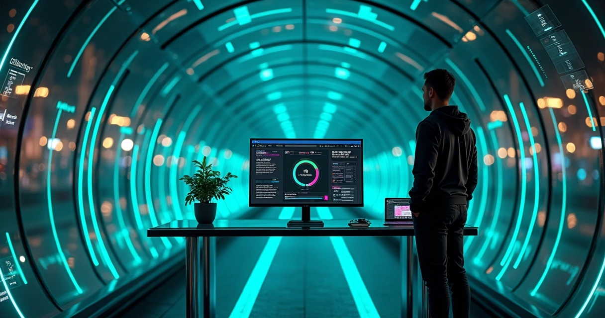 Desenvolvedor observa site em um túnel de luz simbolizando velocidade e estabilidade