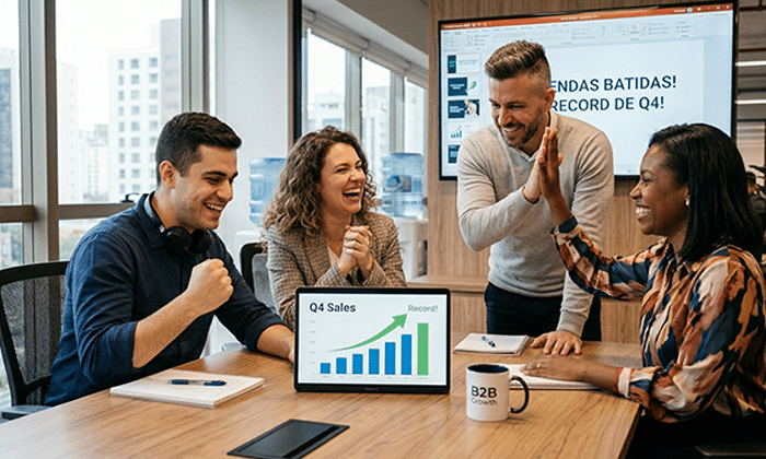 Um time de vendas comemorando os resultados, são 4 pessoas 2 homens e 2 mulheres