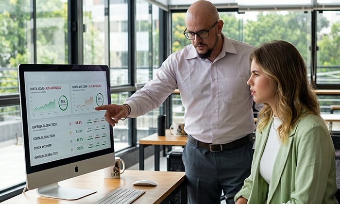 um home e uma mulher analisando dados na tela de um computador