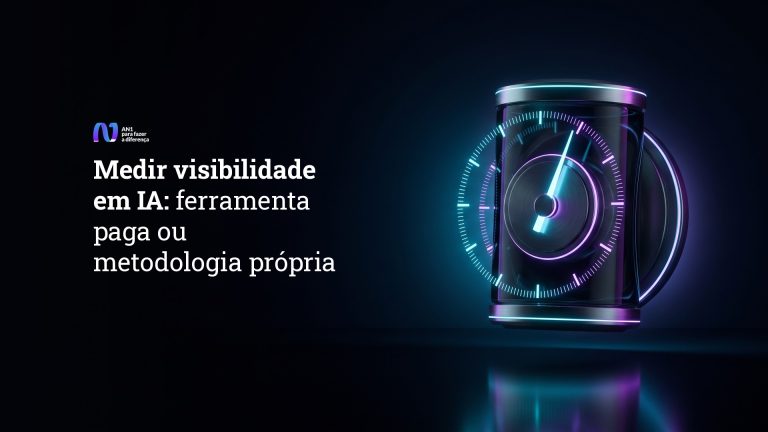 Medidor de vidro escuro com ponteiro aceso em ciano, capa do post sobre medir visibilidade em IA