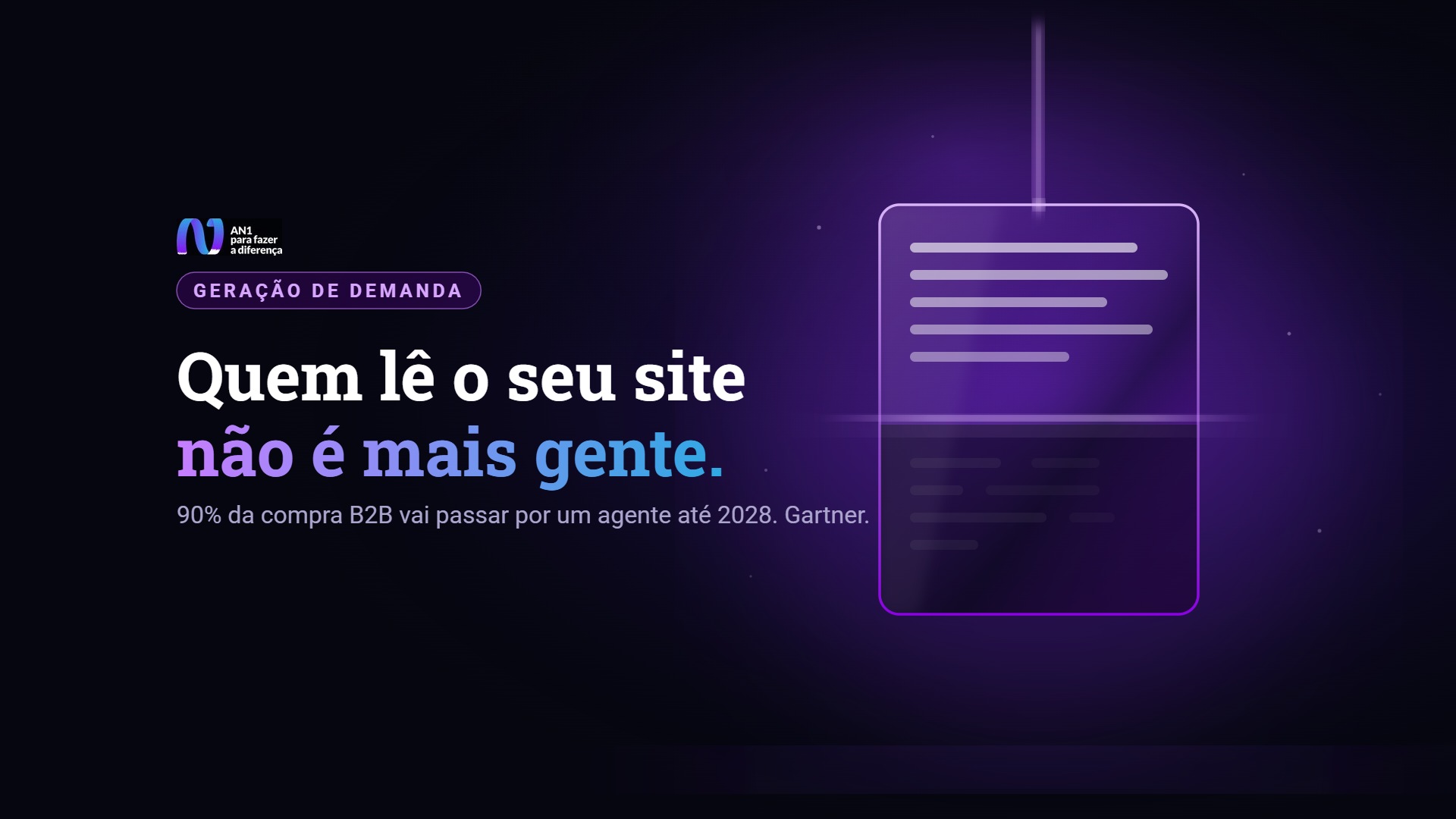 Ficha de vidro violeta sendo lida por um feixe de luz, com a metade de baixo apagada, símbolo do que o agente de IA consegue e não consegue ler no seu site