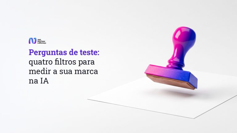 Carimbo de aprovação em degradê magenta e azul sobre folha em branco, capa do post sobre perguntas de teste para medir a marca na IA