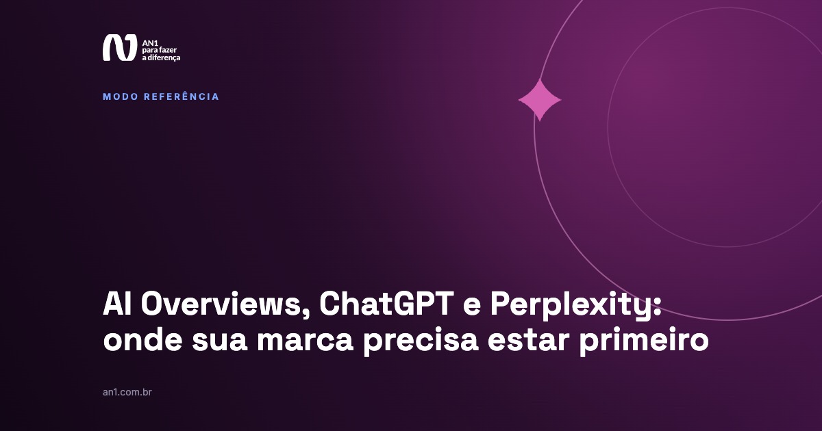 Capa da AN1 em fundo ameixa escuro com circulo de contorno e estrela, trazendo o titulo sobre AI Overviews, ChatGPT e Perplexity