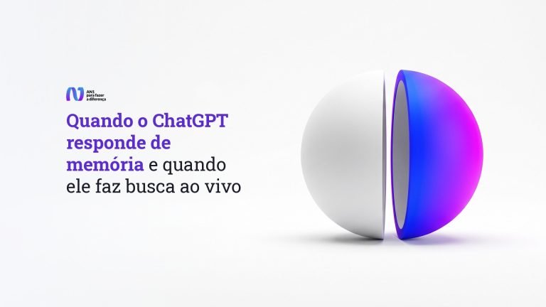 Esfera dividida em duas metades sobre fundo branco, uma delas em gradiente azul, arte sobre resposta de memória e busca ao vivo