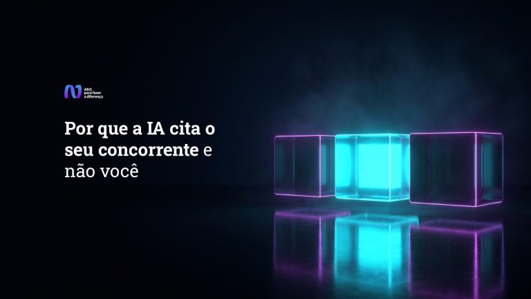 Três cubos de vidro escuro em fila com o do meio aceso em ciano, arte sobre citação do concorrente pela IA