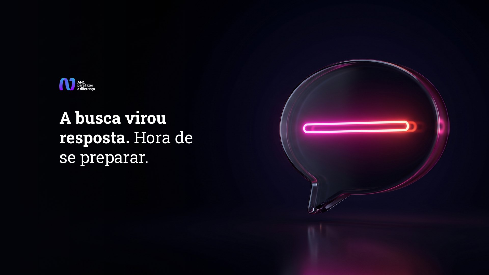 Balão de fala de vidro escuro com uma linha de neon magenta acesa dentro, arte da newsletter Modo Referência sobre a busca que virou resposta