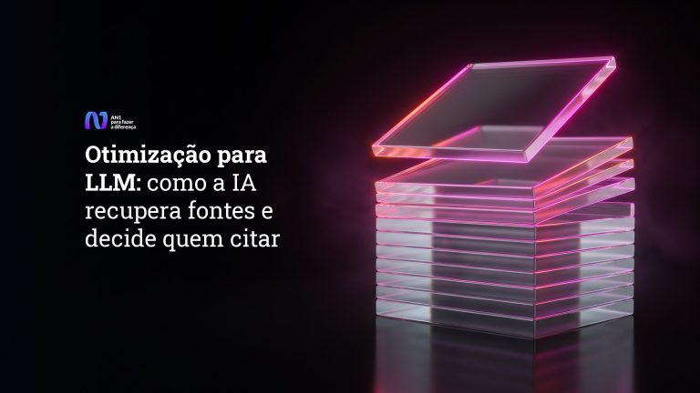 Pilha de painéis de vidro em magenta neon com o painel do topo se afastando, arte sobre otimização para LLM