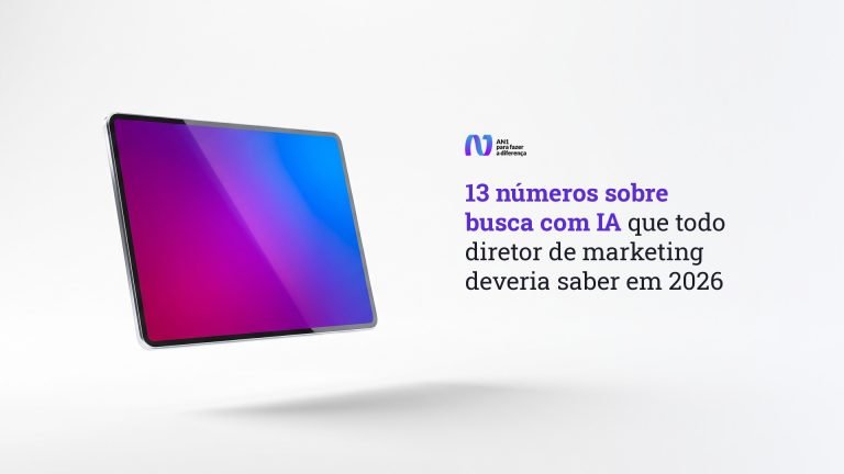 Tablet de vidro com tela em gradiente magenta e azul sobre fundo branco, arte do artigo com números de busca zero-click