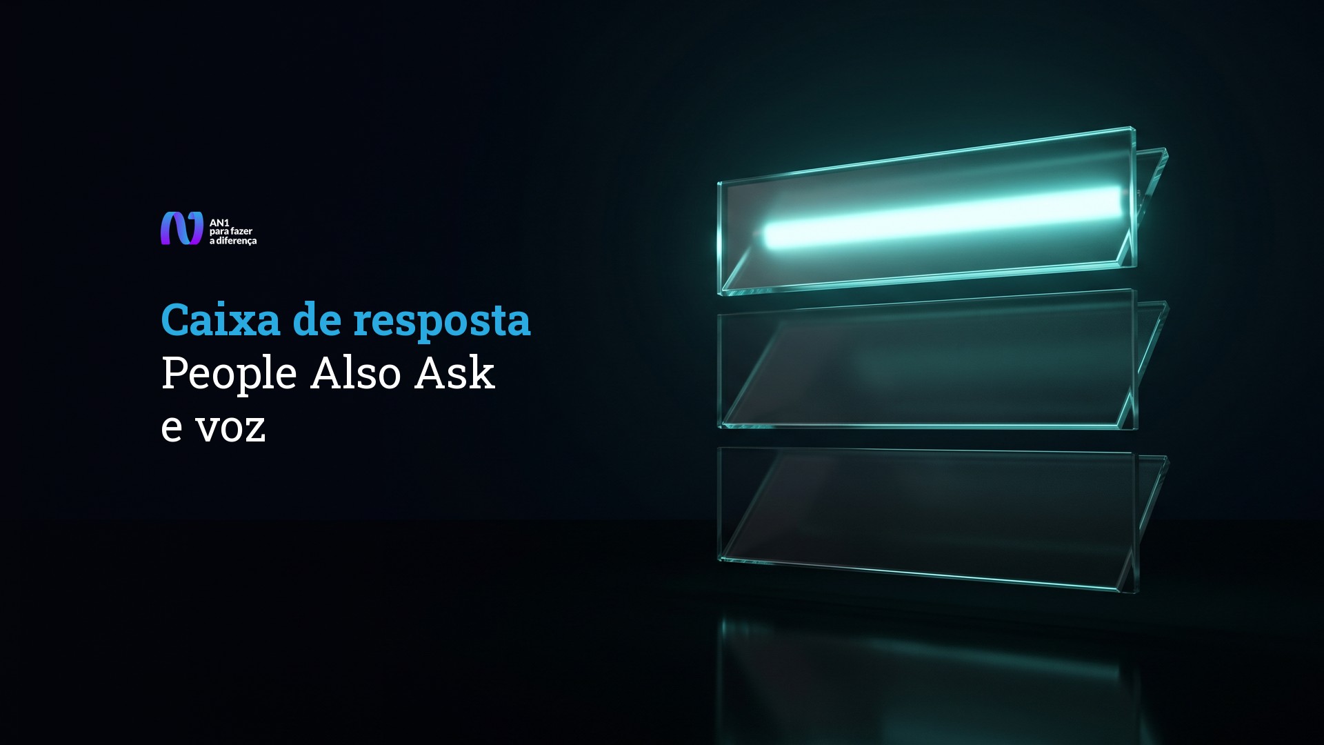 Três painéis de vidro empilhados no escuro, só o de cima aceso em teal, ilustrando a caixa de resposta