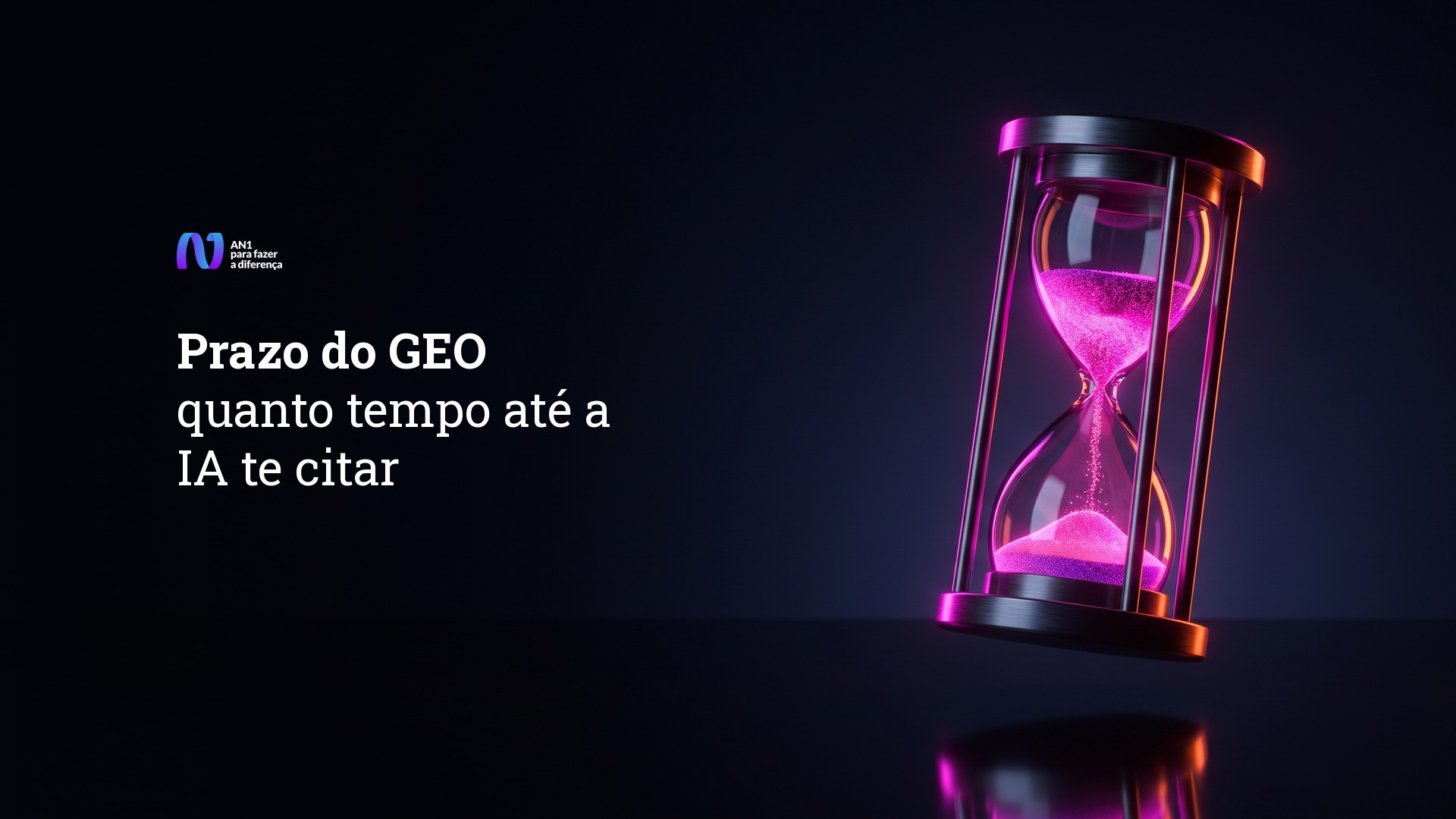 Ampulheta de neon com areia magenta caindo, sobre fundo escuro, ilustrando o prazo do GEO