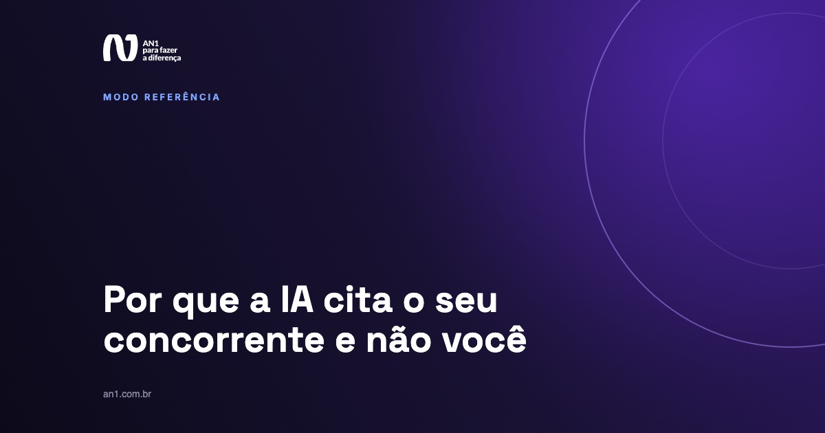 Arte da AN1 em fundo roxo escuro com círculo em contorno e o título sobre citação do concorrente nas respostas de IA