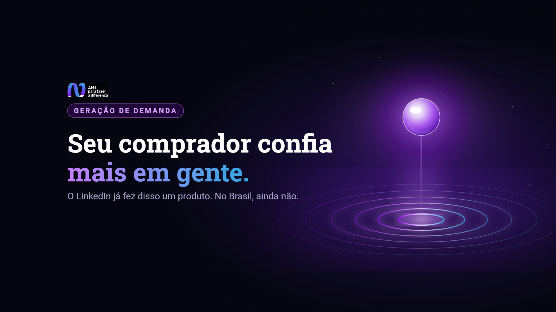 Esfera de vidro violeta pairando sobre uma superfície de luz, de onde saem ondas concêntricas, símbolo de uma voz confiável que espalha demanda pelo mercado