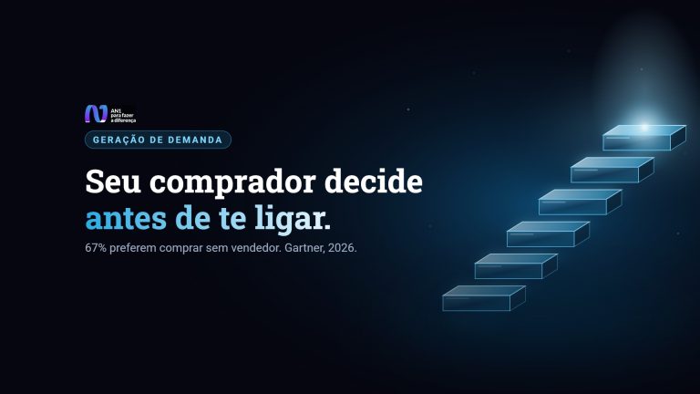 Escada de degraus de vidro azul subindo no escuro, com uma luz no último degrau, símbolo da jornada que o comprador B2B percorre sozinho até decidir