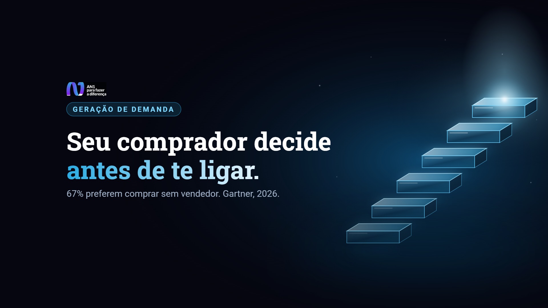 Escada de degraus de vidro azul subindo no escuro, com uma luz no último degrau, símbolo da jornada que o comprador B2B percorre sozinho até decidir