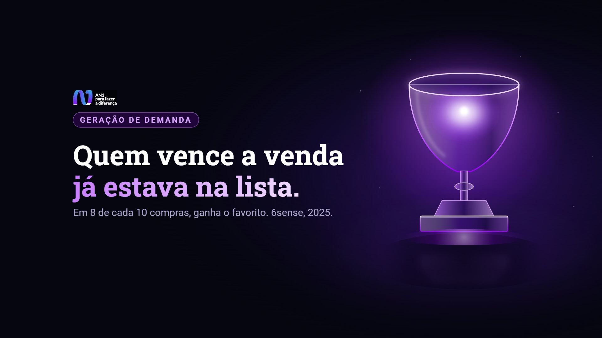 Taça de vidro violeta iluminada por dentro, sobre base de vidro, símbolo do fornecedor favorito que vence a venda antes da primeira ligação