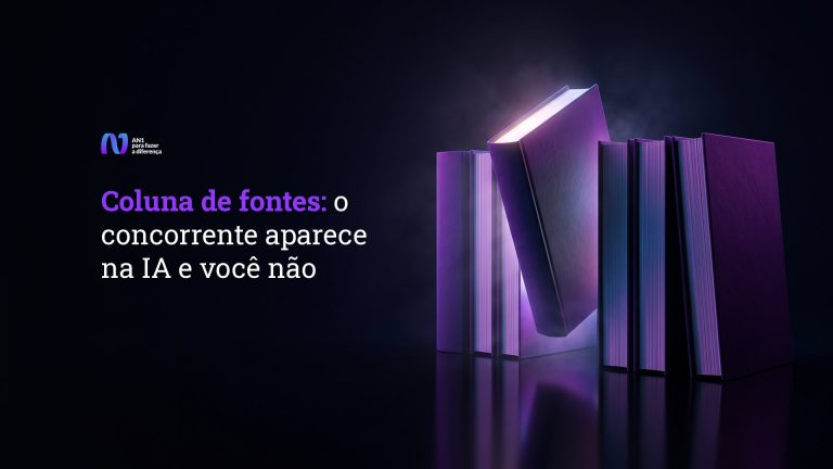 Render 3D de uma fileira de livros em luz violeta, com um único livro puxado para fora e aceso por dentro, ilustrando a coluna de fontes que a IA leu