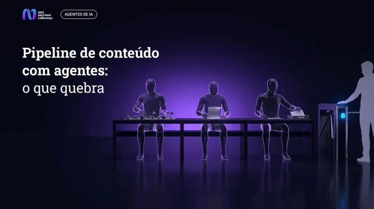 Três agentes de IA em silhueta de vidro trabalhando em uma bancada, e uma pessoa liberando a saída em uma catraca, ilustrando o pipeline de conteúdo com agentes de IA