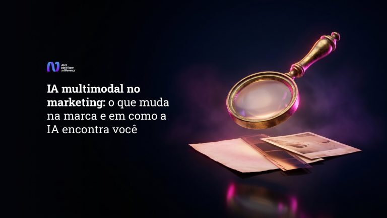 Lupa antiga sobre uma foto, um negativo de filme e uma folha de papel, símbolo da IA multimodal lendo vários formatos