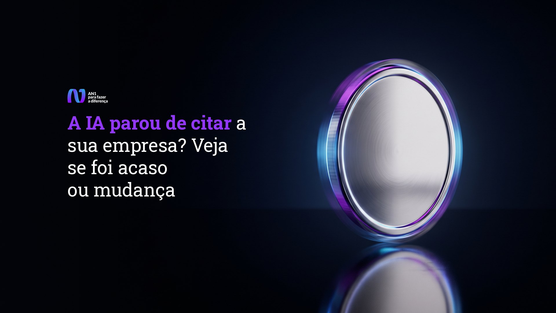Moeda metálica girando sobre a borda com luz violeta, símbolo de acaso para quem vê a IA parou de citar a sua empresa