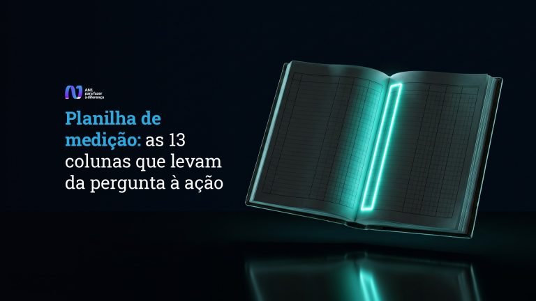 Livro-razão aberto com uma única coluna acesa em neon teal, a planilha de medição da marca na IA