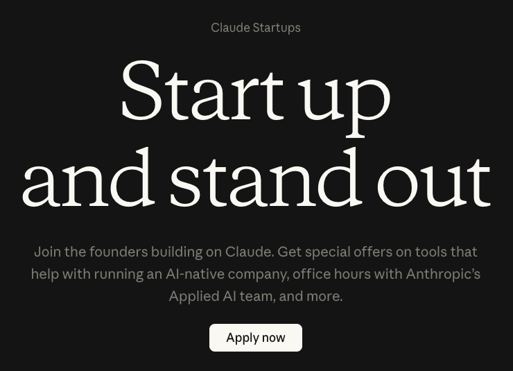 Reprodução da página do programa Claude Startups, da Anthropic, com o título Start up and stand out