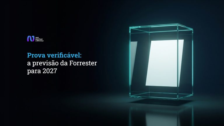 Vitrine de vidro com um documento em branco iluminada por neon teal, capa do post sobre prova verificável